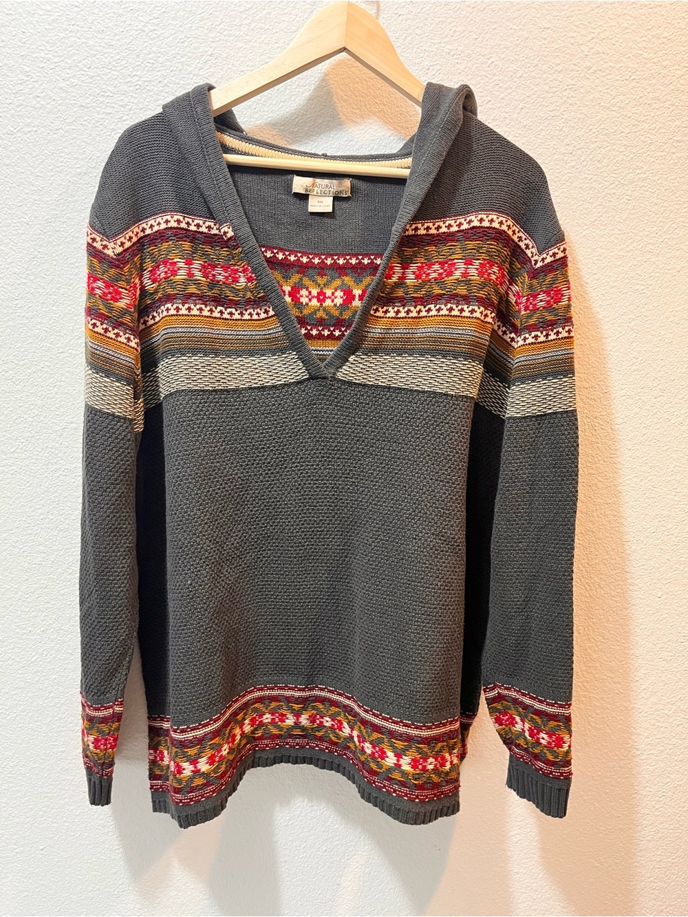 Natural Reflections Charcoal Hooded V-Neck Sweater with Red and Gold Fair Isle
